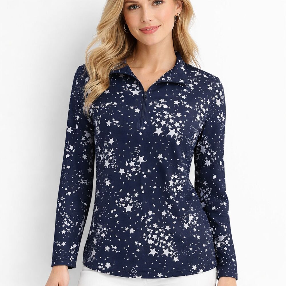 Chico's Navy Star Print Long Sleeve Top Size 1 (8) Stretch Like New